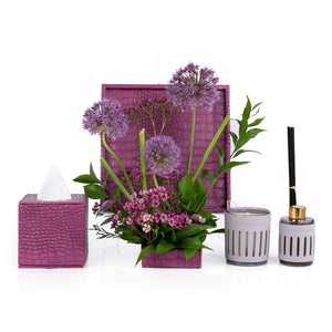 Purple Leather tray with matching tissue box, flower, candle, and diffuser