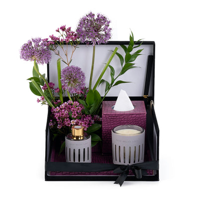 Purple Leather tray with matching tissue box, flower, candle, and diffuser, inside black gift box