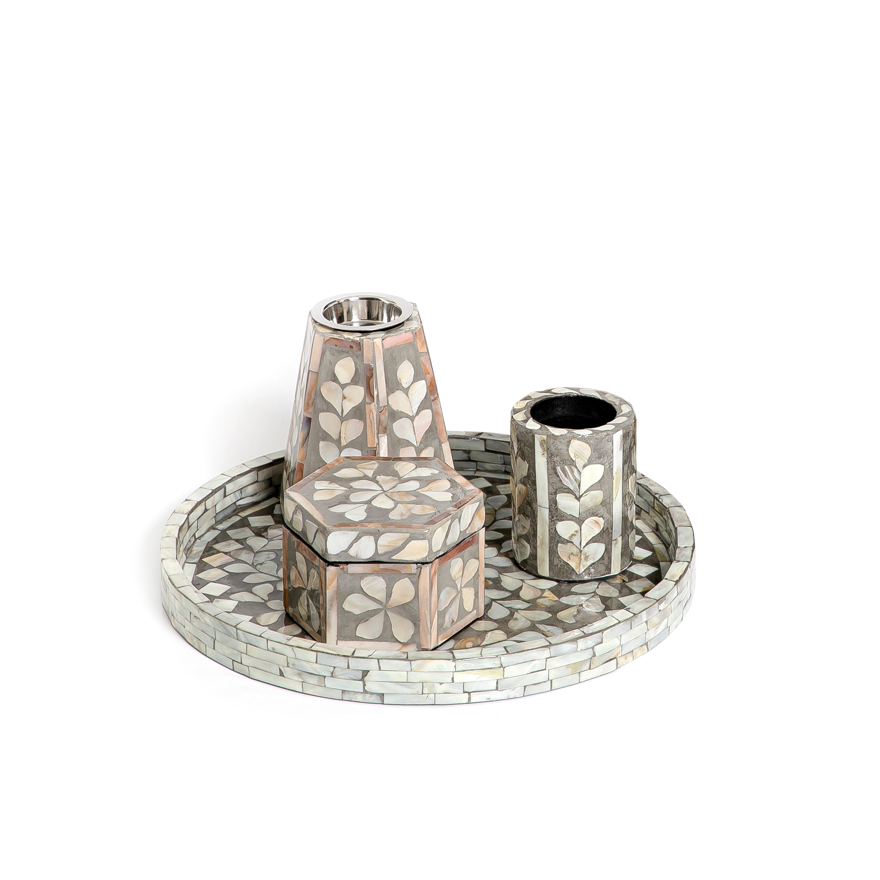 Mubkhar Set Of 4 Pieces (Tray + Box + Mubkhar + Candle Holder)