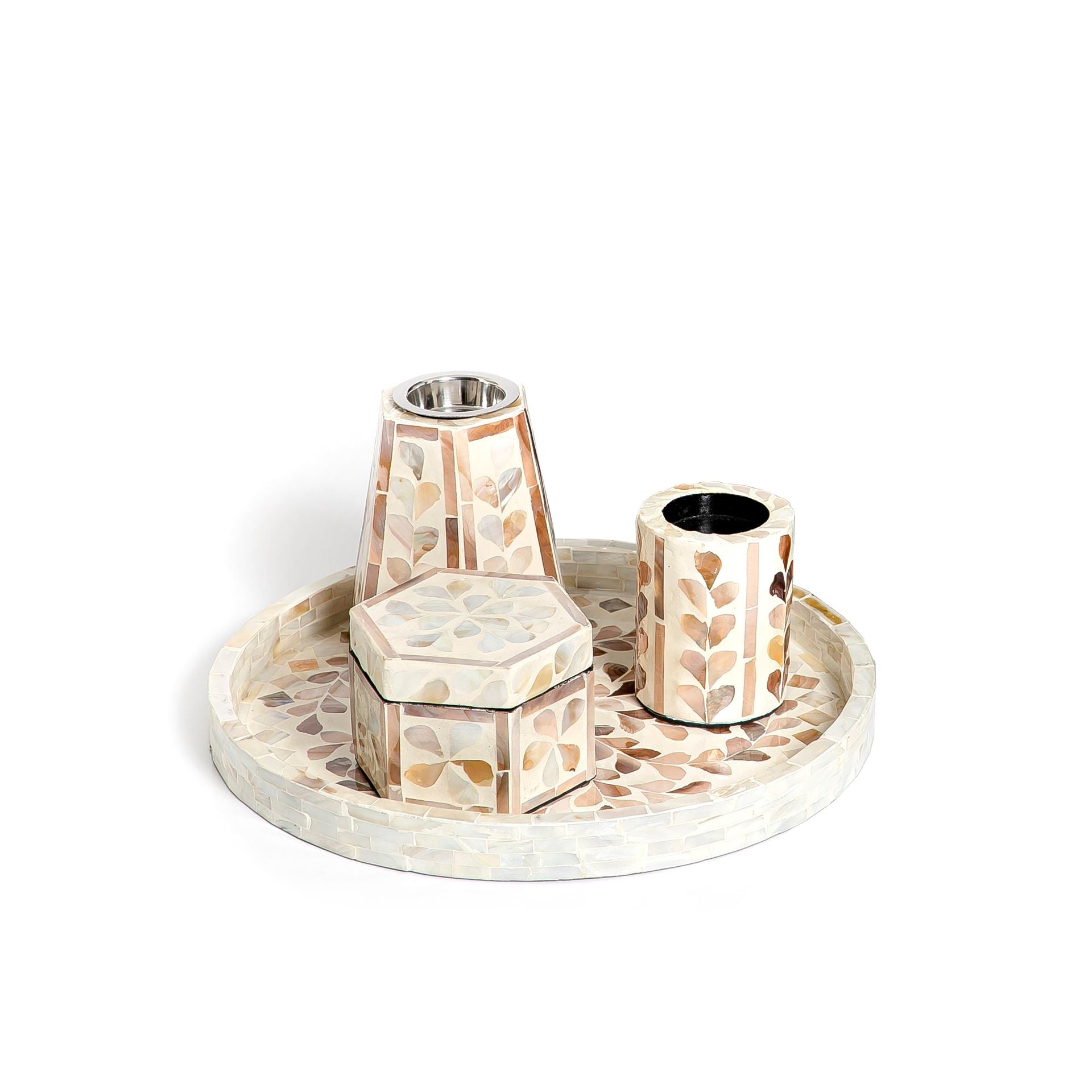Mubkhar Set Of 4 Pieces (Tray + Box + Mubkhar + Candle Holder)