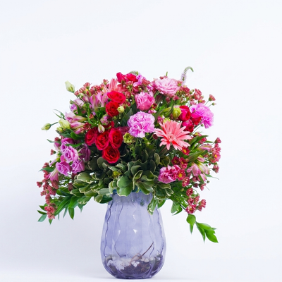 Pink & Red Floral Arrangement in Elegant Glass Vase