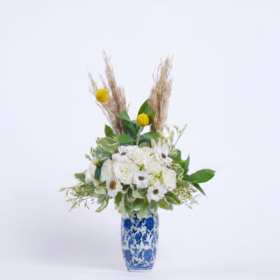 Baby Roses Arrangement in Blue & White Ceramic Vase