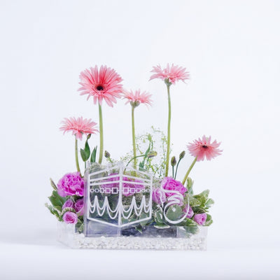 Hajj Mabroor Acrylic Decor Stand with Pink Gerbera
