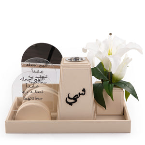 beige leather set includes tray, flower, incense burner, mirror, and stand with a customized sentence or name
