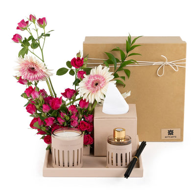 Beige Leather tray with matching tissue box, pink roses, candle, and diffuser