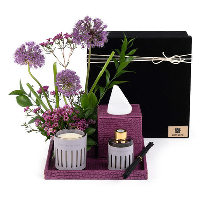 Purple Leather tray with matching tissue box, flower, candle, and diffuser