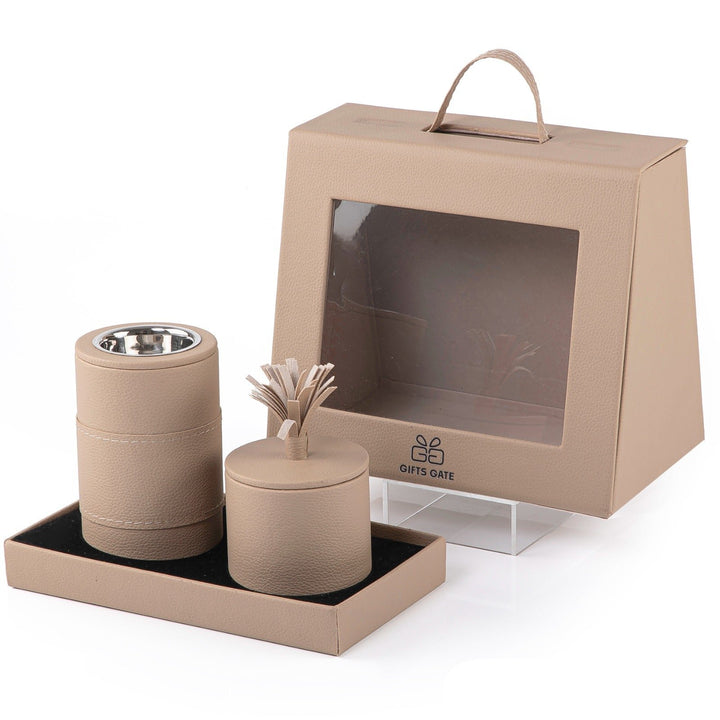 Beige bag contains incense burner and bakhor box
